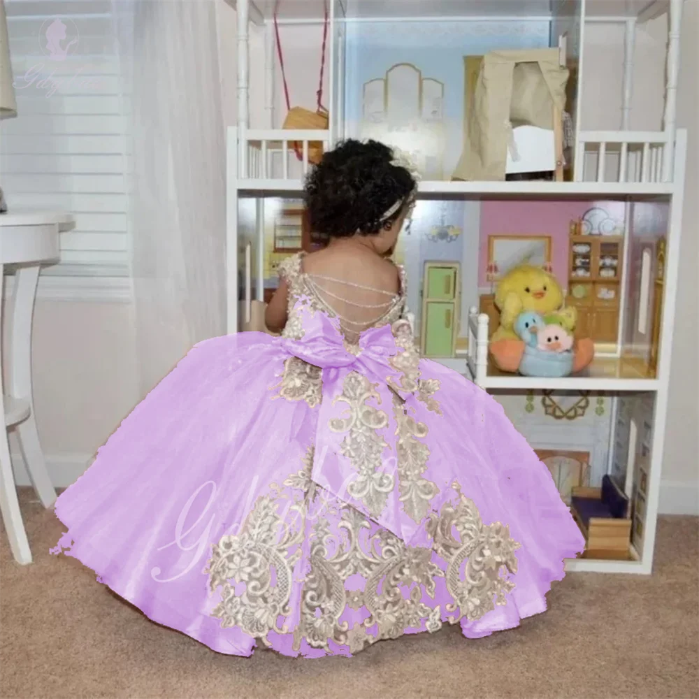 

Lilac Baby Girl Fluffy Gown Customizable Flower Girl Dress For Wedding Beaded Lace Appliques With Bow Birthday Party Outfit
