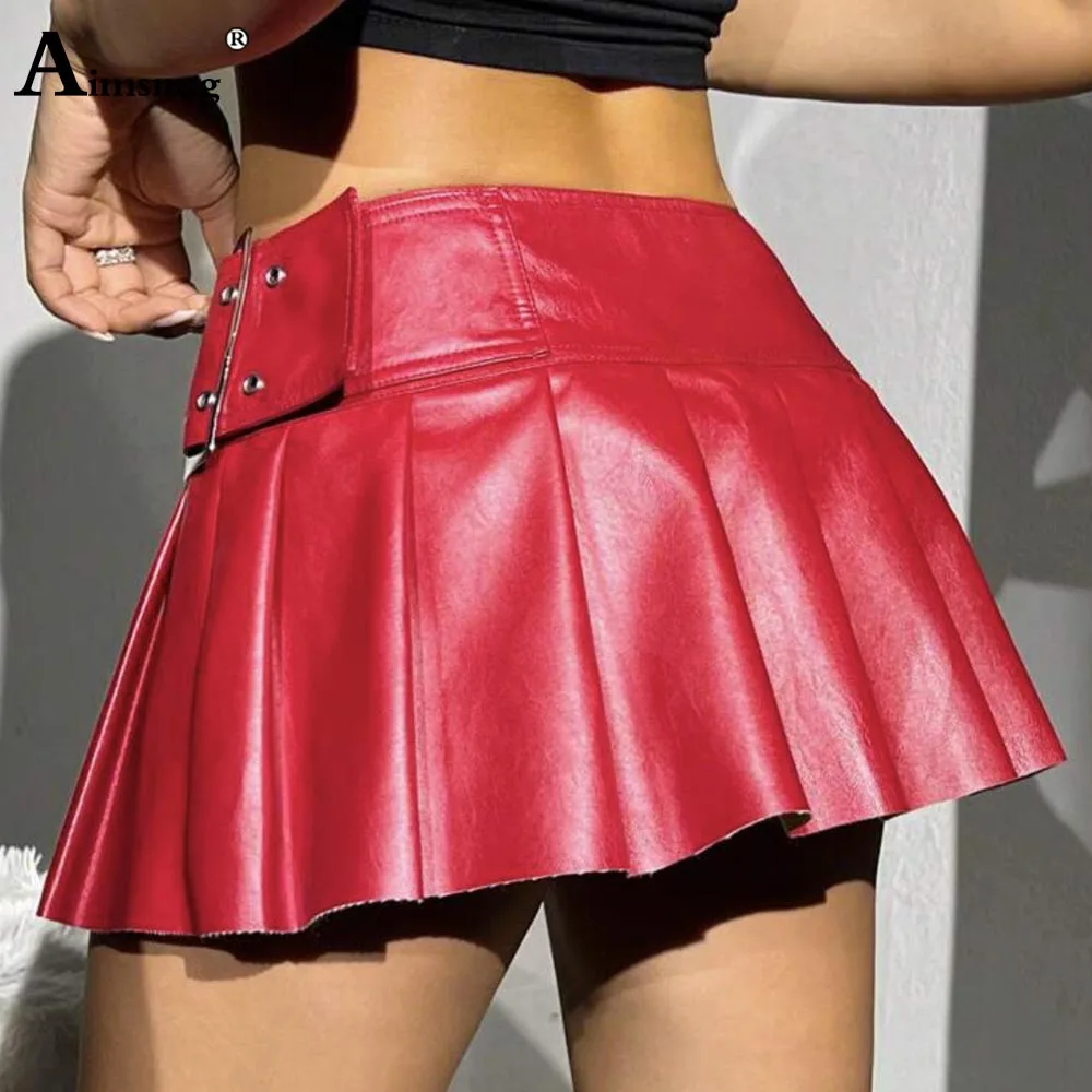2025 Sexy Lace-up Pu Leather Skirts Women Mid Cut Pleated Shorts Red Soft Faux Leather Skirt Solid Erotica Dance Short Bottoms