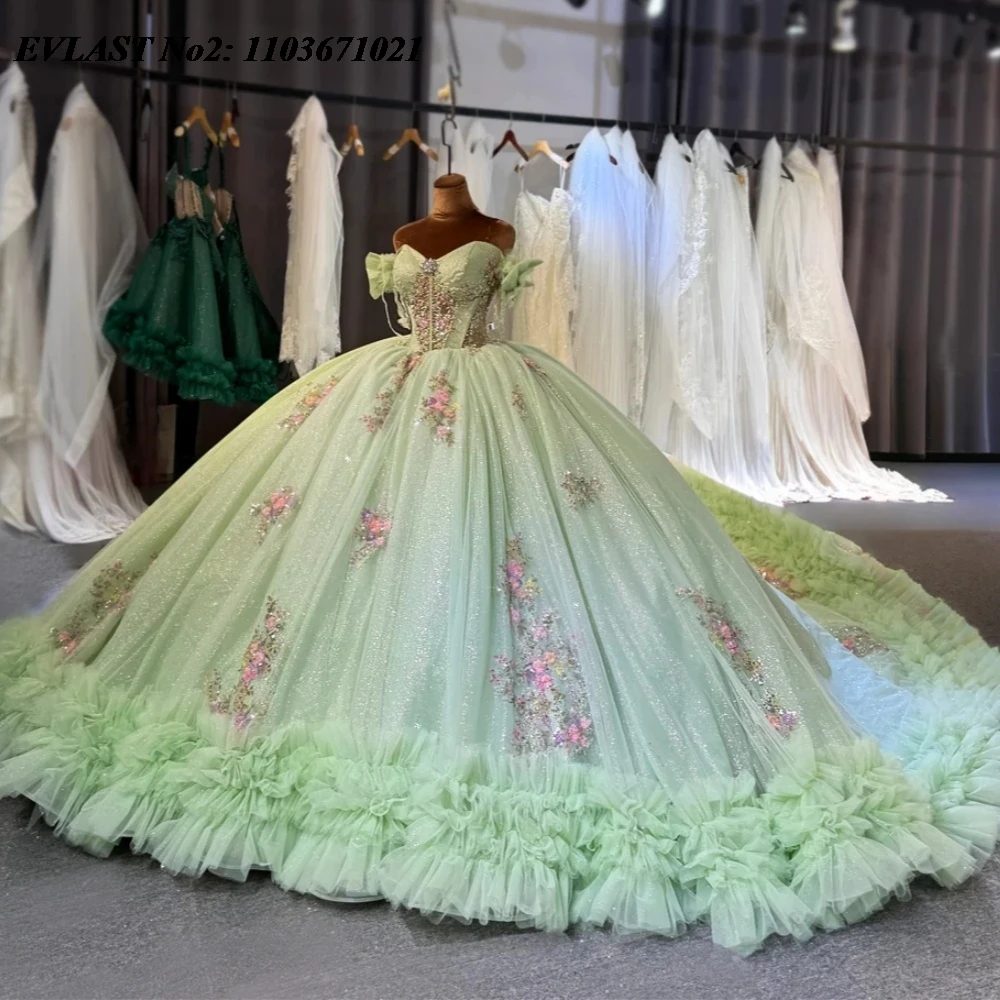 EVLAST Customized Glitter Green Quinceanera Dress Shiny Pink Lace Applique Beading Sweet 16 Party Vestidos De 15 Anos E2QA650