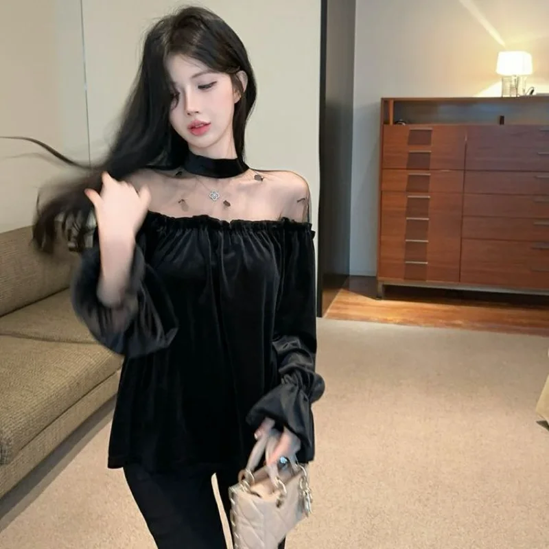 

Black French Style Versatile Sequined Velvet Blouse Mesh Splicing Loose Long-sleeved Round Neck Shirt Top T-shirt