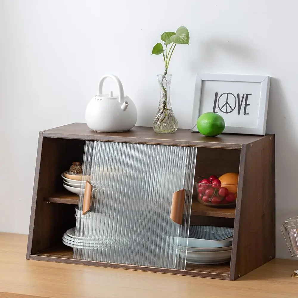 

Small Kitchen Pantry Cabinet, Bamboo Sideboard With Glass Doors, Cupboard Food Pantry Cabinet For Kitchen, Living Room And