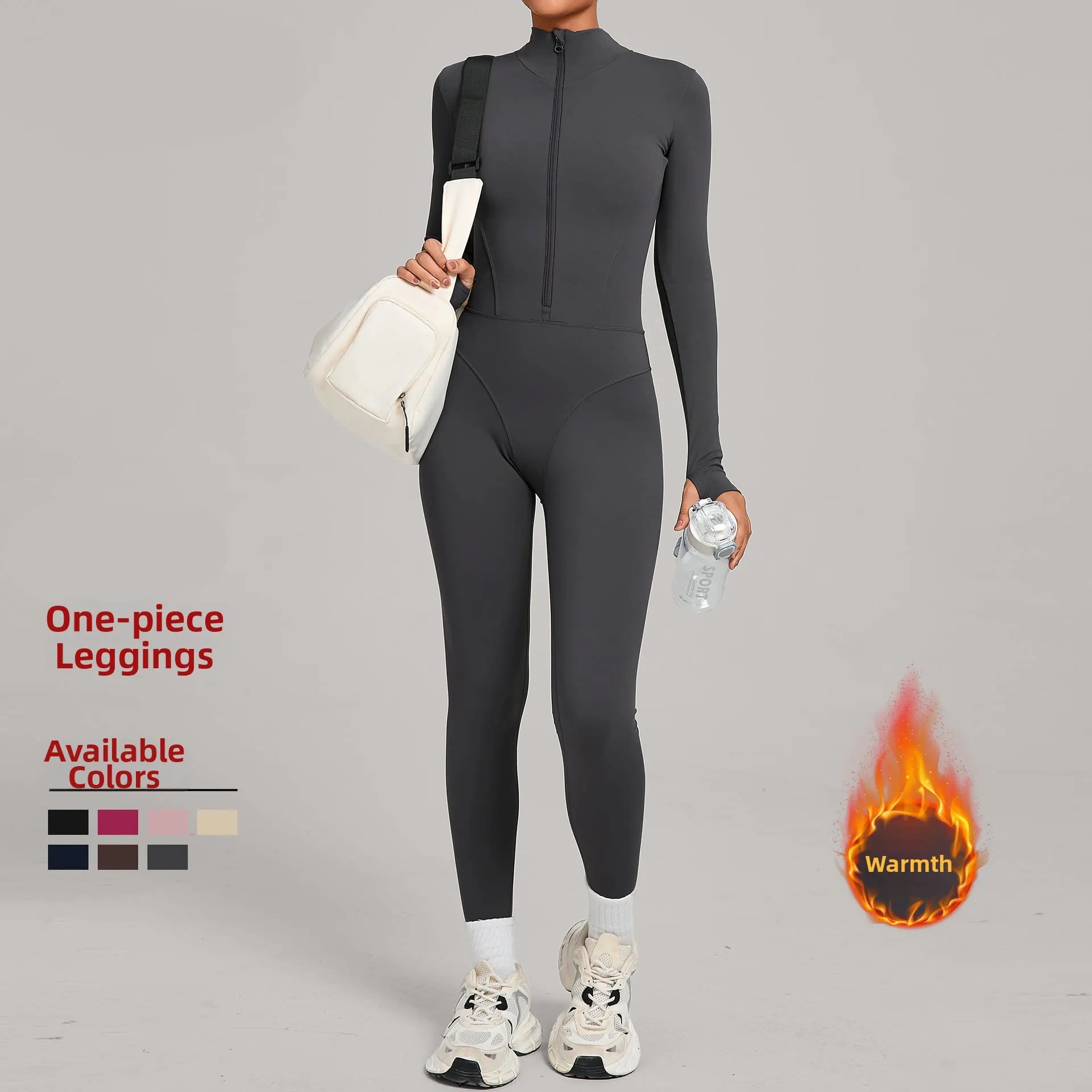 Women Long Sleeve One‑Piece Jumpsuit Stand Collar Flared Wide Leg Yoga Bodysuit For Running Gym Fitness Workout Sports