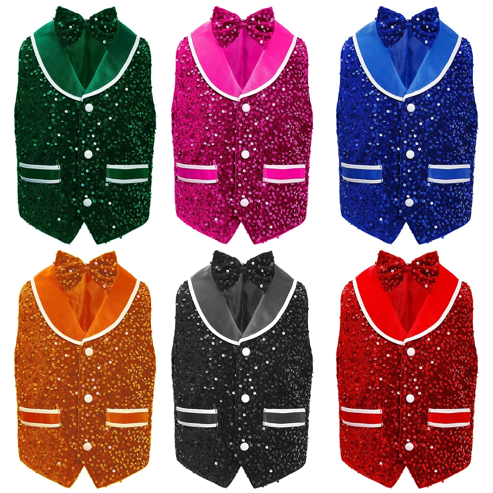 

Kids Boys Girls Jazz Dance Tops Vest Sparkling Sequins Irregular Hem Velvet Waistcoat+Bowtie Gentleman Party Performance Wear