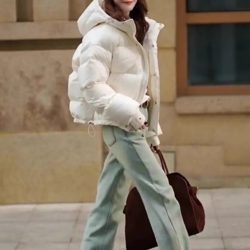 

Women's White Short Cotton Outwear Warm Thick Winter Fashion High-End Super Good-Looking Bread Style
