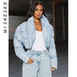 Sexy Tie Dyed Print Cotton Padded Jackets Women Long Sleeve Cropped Parkas Coats 2024 Fall Winter Fashion Y2K Clothes