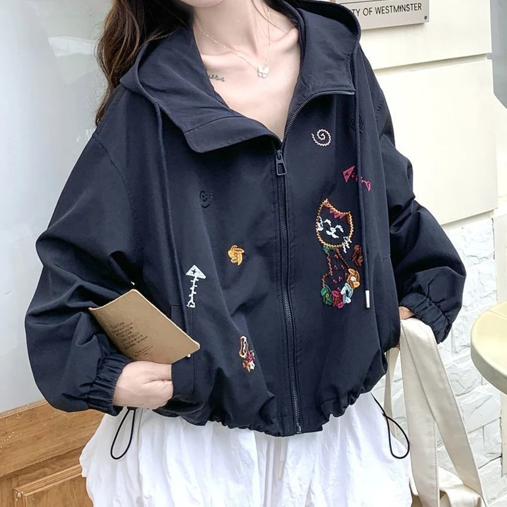 Vintage Hooded Jacket Women's Spring and Autumn Cartoon Loose Versatile Jacket Cardigan Top Early Autumn Jacket
