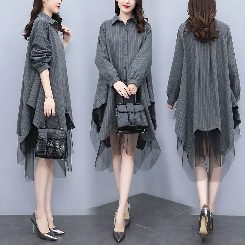 

Новая весенняя женская рубашка больших размеров, повседневная, свободного кроя, средней длины, с кружевными вставками, в корейском стиле, из полиэфирного волокна, с длинными рукавами.