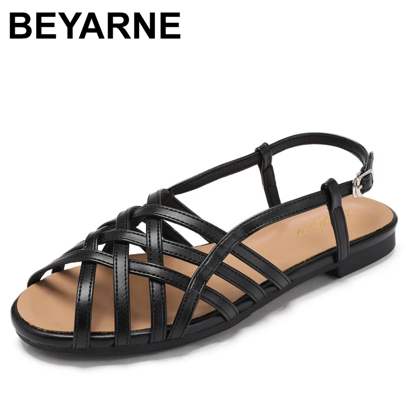 

Летние новые стильные трендовые женские сандалии, кожаные черные абрикосовые, бежевые, с пряжкой, на низком каблуке, удобная женская обувь высокого качества