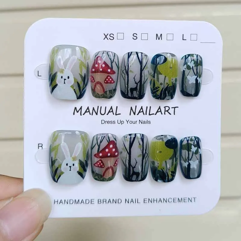 10Pcs Korean Style Nail Patch Cute Mushroom House Fake Nails Girls Sweet Cool Rabbit Press on Nails Detachable Nail Tips