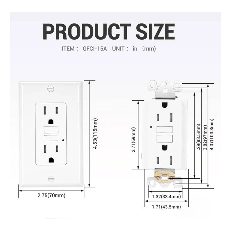 Paquete de 5 salidas GFCI de 15 amperios, no resistentes a manipulaciones, receptáculos GFI decorativos con indicador LED, interruptor de circuito de falla en tierra