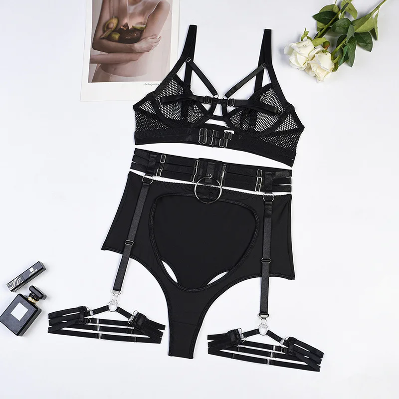 Yimunancy 3-Piece Transparent Gothic Exotic Set Women Cut Out Ring Bandage Sexy Lingerie Set Black Garter Brief Kit