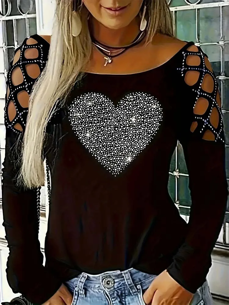 Women Black T Shirt O Neck Zircon Love Heart Long Sleeved Top Summer Sexy Casual Clothing