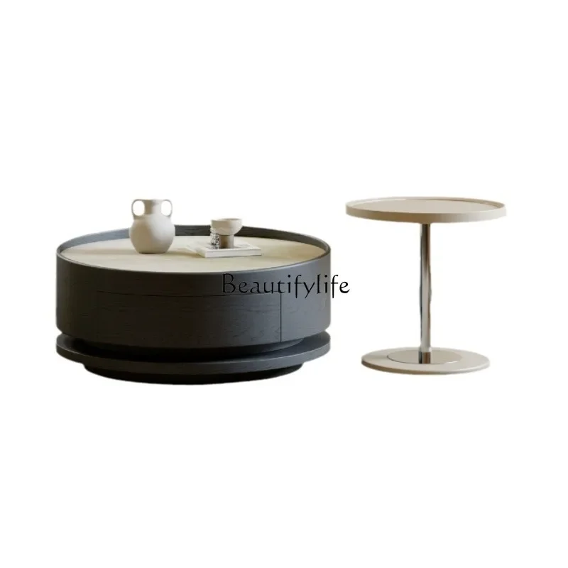 Italian minimalist travertine round coffee table black wabi sand wind rotating rock slab coffee table