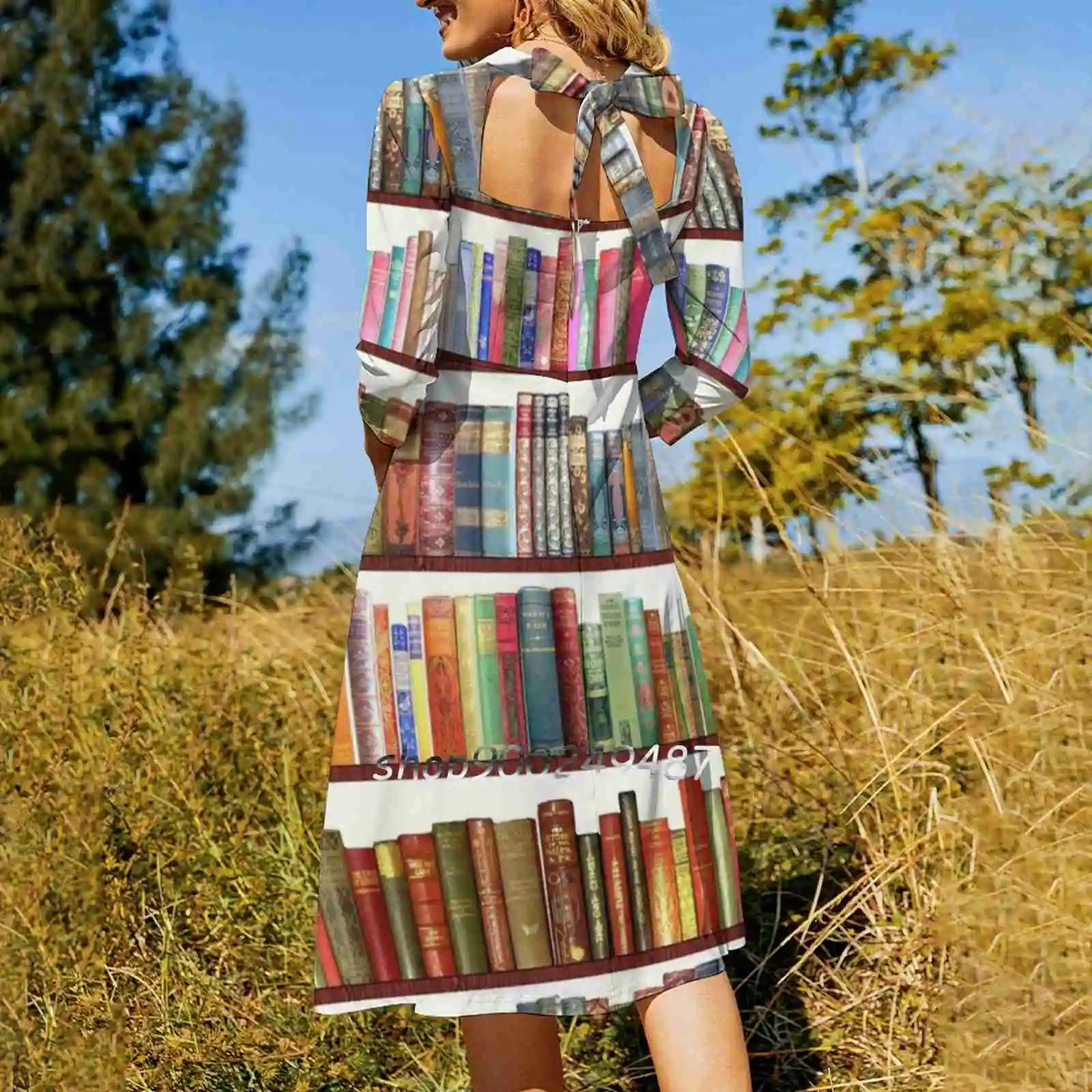 Jane Austen Antique Books Flare Dress Square Neck Dress Elegant Female Fashion Printed Dress Bookshelf Antique Books Vintage