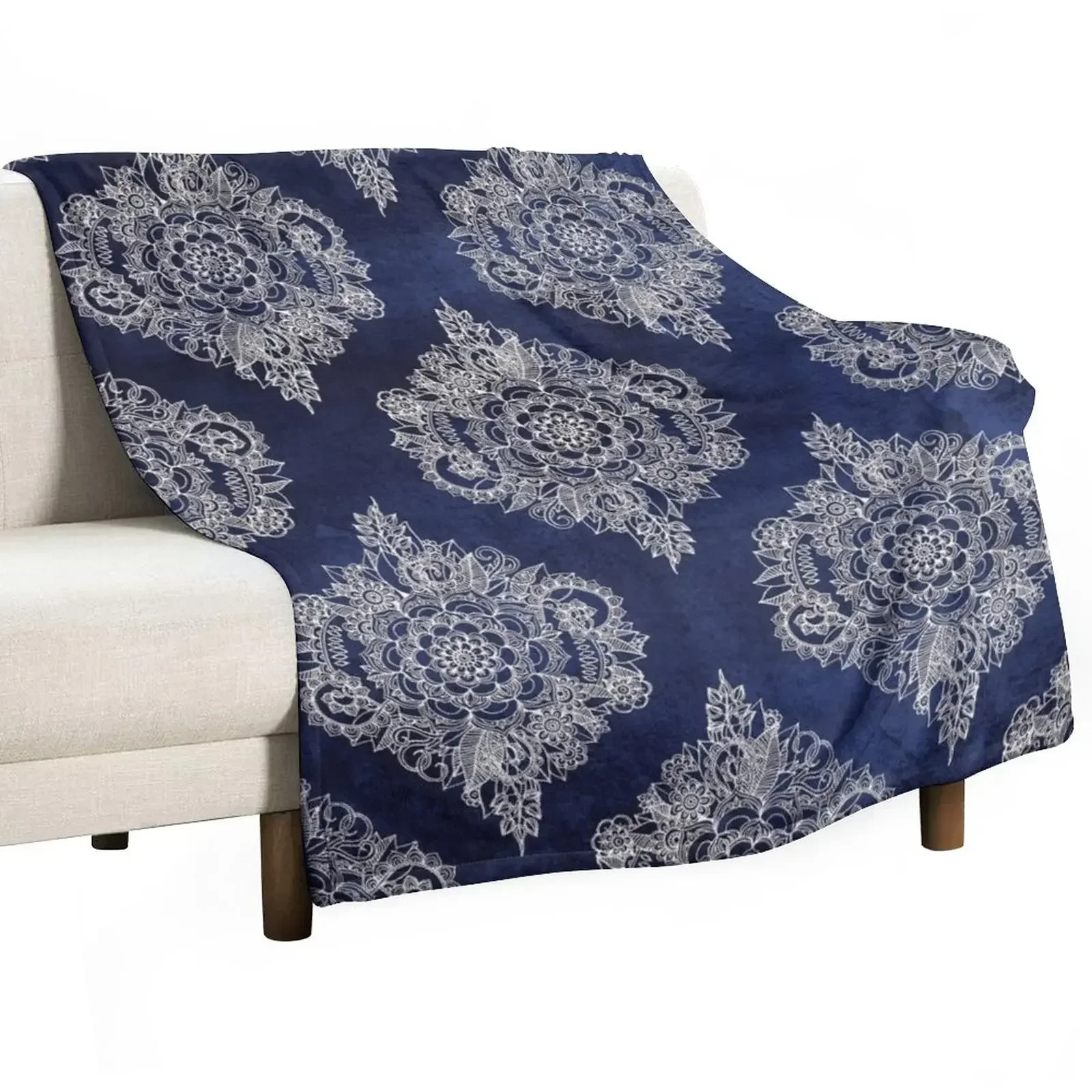 

Cream Floral Moroccan Pattern on Deep Indigo Ink Throw Blanket Polar Designers Furrys Blankets