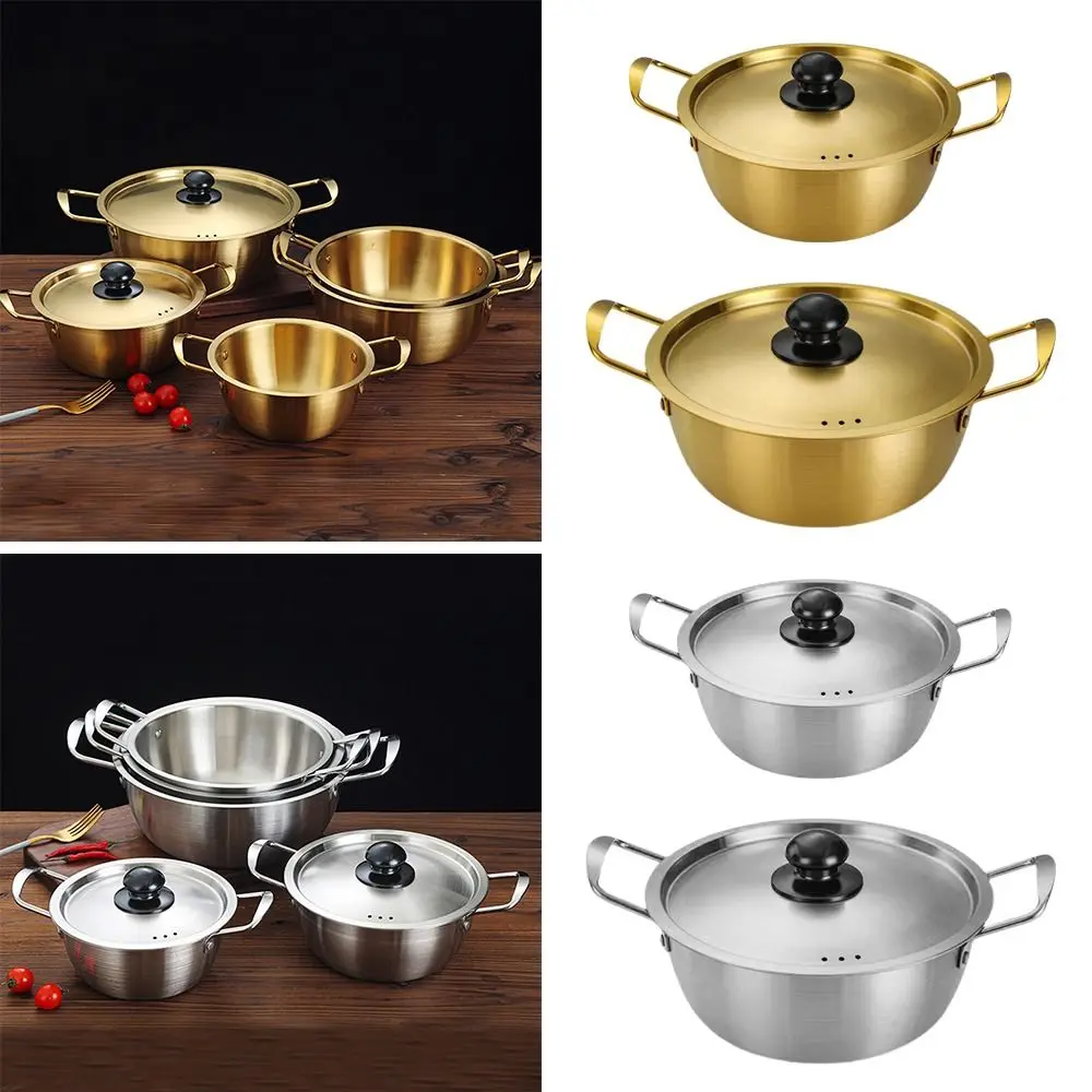 

New Mini Ramen Pot with Lid Gold Plated Soup Pot Double Ear Stainless Steel Hot Pot Camping Cookware