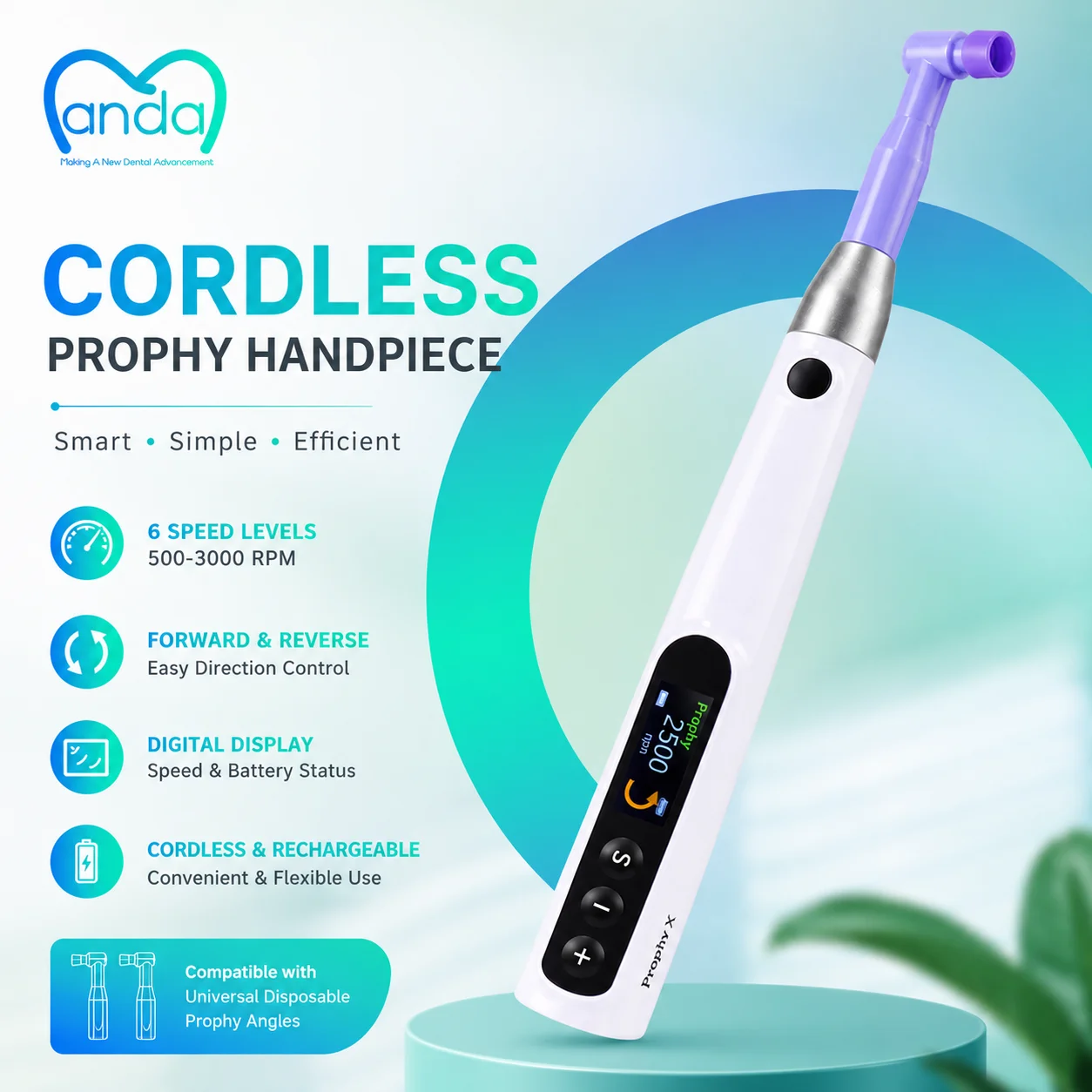 Wireless Dental Prophy Handpiece 6 Speed 500-3000RPM Electric Polishing Hygiene Handpiece with LCD Display