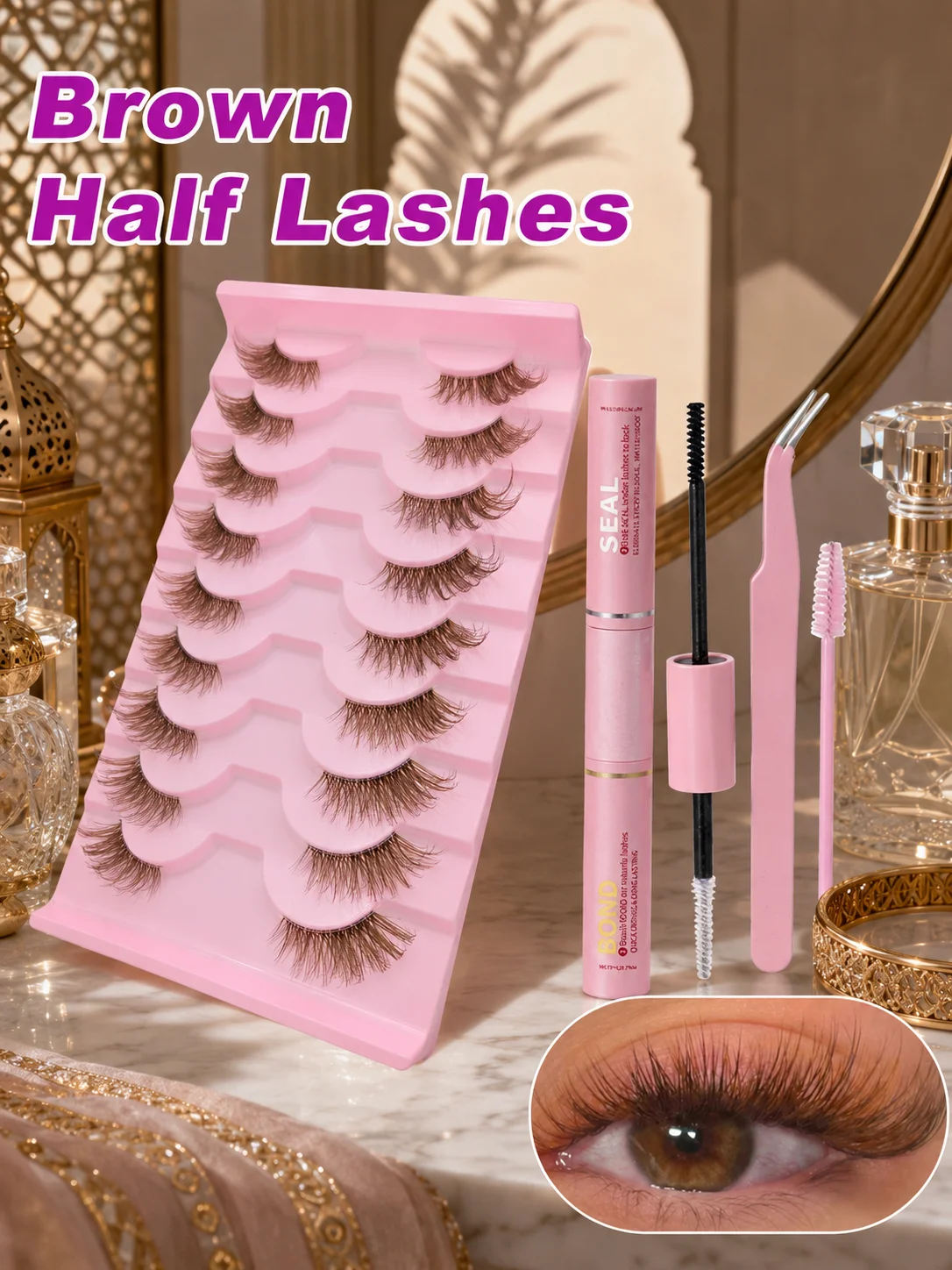 Mujie 10 Pairs of Brown Half-Strip False Eyelashes, Atmospheric Eye-End Style Lashes, Soft Synthetic Fiber, Brown-Toned Half-Strip Design with Partial Lengthening - Complete Set with Glue, Tweezers, Eyelash Brush, and Tools, Lightweight and Soft for Application on the Eyes Without Feeling Heavy, Suitable for Daily Charm and Special Occasions
