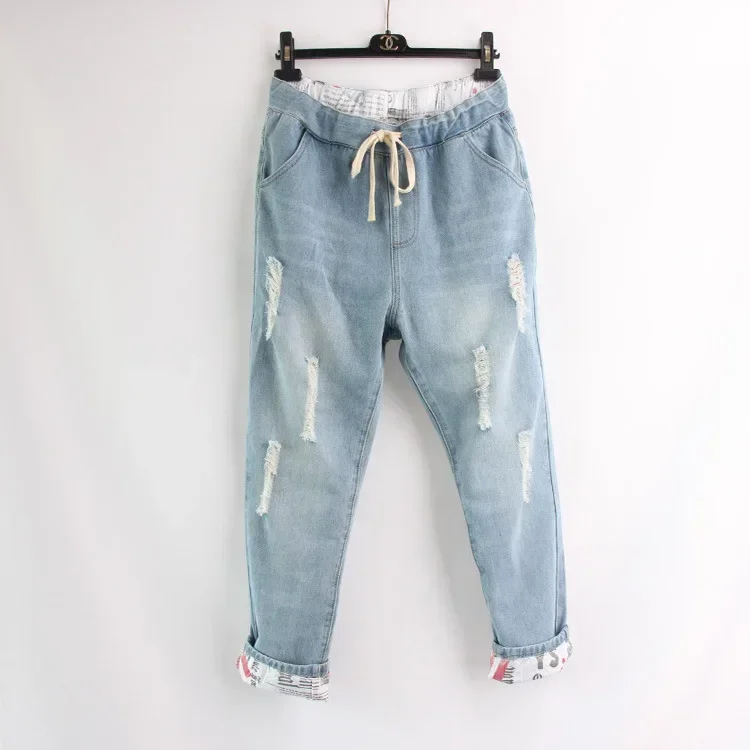 Drawstring Jeans Women Straight Pants Ankle Length Mid Waist Wash Pockets High Street Distressed Holes 2025 Denim Loose