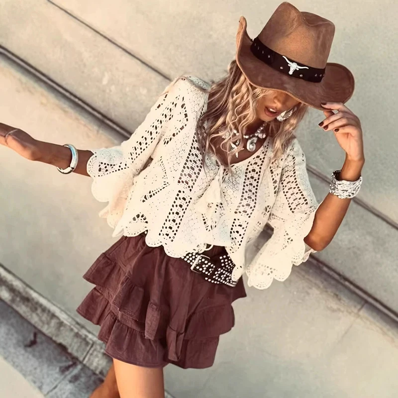 Spring Summer Loose Knitted Top Tees Fashion Women's V-neck Lace Up Hollow Blouses Sexy Flared Sleeves Solid Color Beach T-shirt