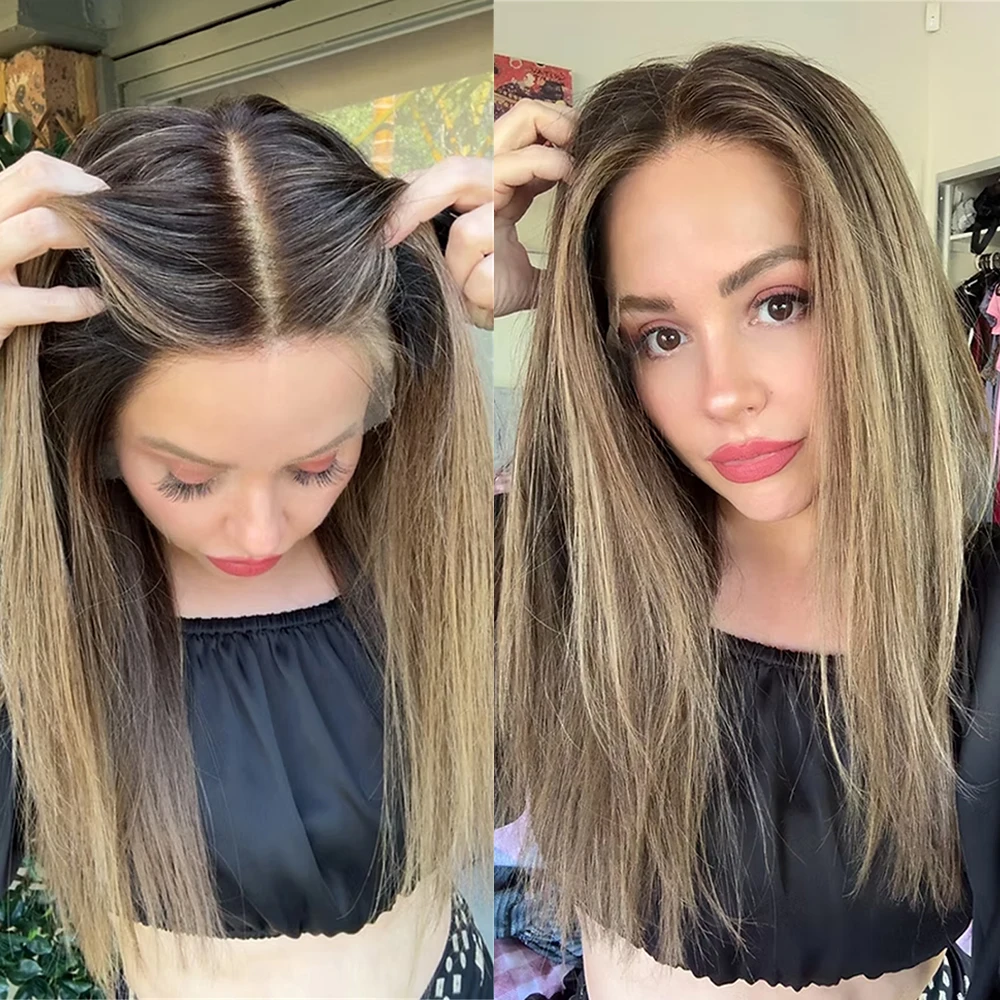 

Синтетический парик с прямой текстурой, омбре, блонд с коричневыми мелированиями, без клея, с HD прозрачным кружевом, для женщин, готовый к носке