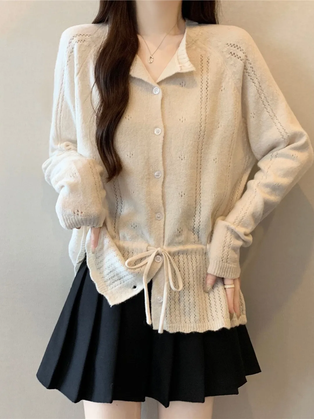 

Женский вязаный кардиган с V-образным вырезом и длинными рукавами, больших размеров, весна 2026, с вырезами, приталенный, повседневный, в корейском стиле, свободного кроя