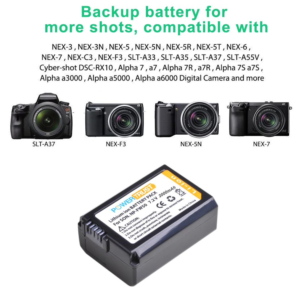 PowerTrust 2000mAh NP-FW50 NPFW50 NP FW50 Camera Battery for Sony Alpha a6500 a6300 a6000 a5000 a3000 NEX-5R NEX-7 NEX-3 a7R