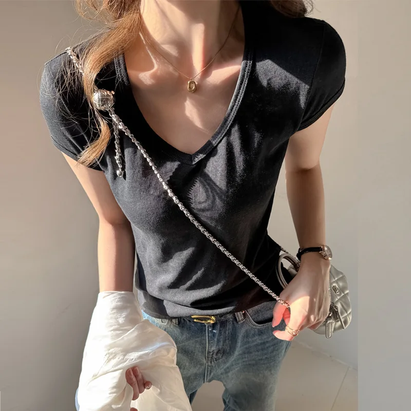 Splicing Patch Design Front Shoulder Short Sleeve T-Shirt Women's Inner Slim Skinny Bottom Top