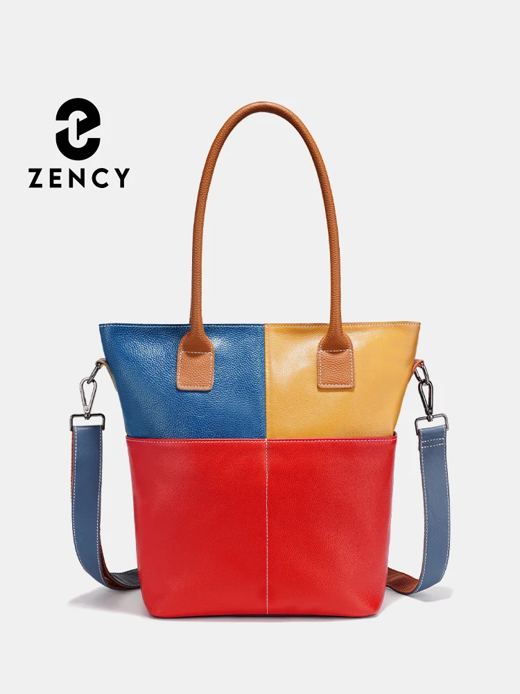 

Zency Fashion New Splicedcolor Women Handbag Genuine Leather Ladies Shoulder Big Tote Bag Large Capacity Shopper Bag Pocketbooks
