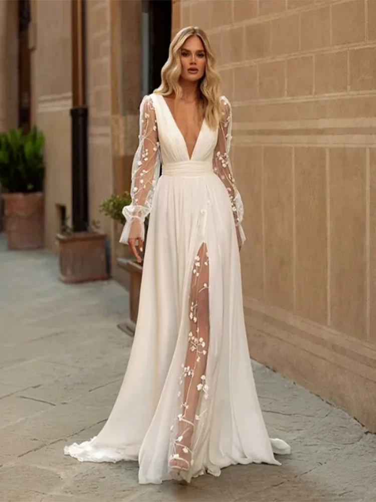 Flavinke Customzied Sexy Wedding Dresses Deep V Neck Long Sleeves Bridal Gowns Backless Appliques A-Line Sweep Train Chiffon