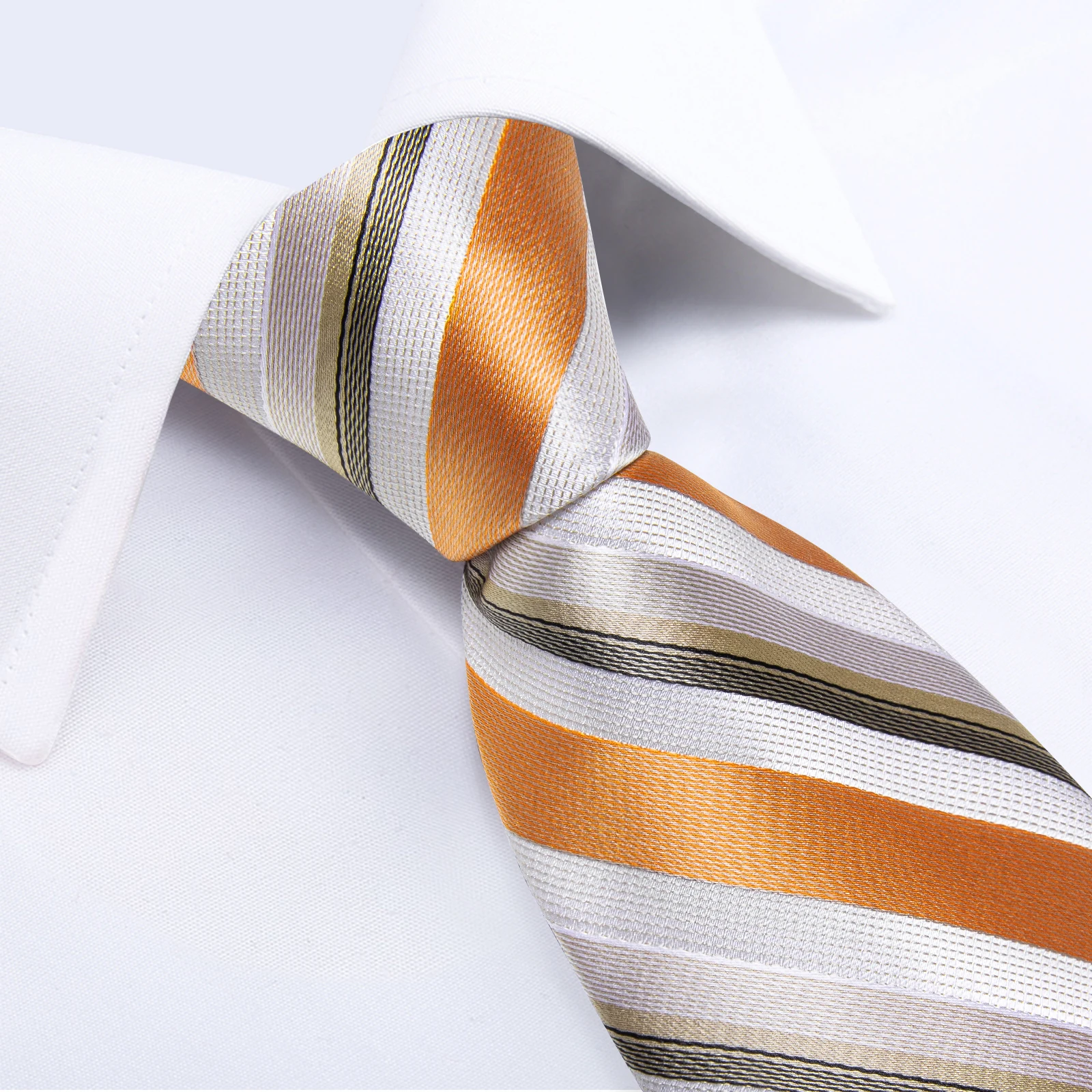 Orange and White Striped Business Ties for Men Silk Polyester 8cm Necktie Handkerchief Cufflinks Wedding Party Suits Accessories