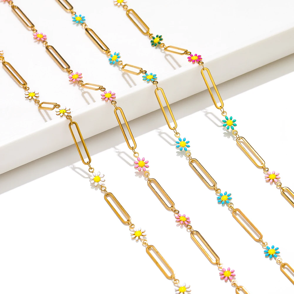 1 Meter Stainless Steel Enamel Flowers Long Buckle Gold Color Flat Chains for Necklace Bracelet Findings DIY Jewelry Making