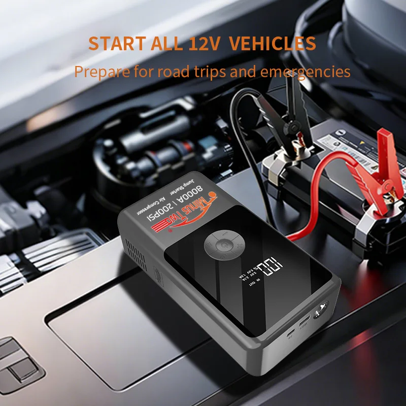 Smart Digital Display Jump Starter & Air Pump Combo Portable Electric Tire Inflator Emergency Car Booster with 12V Starter.