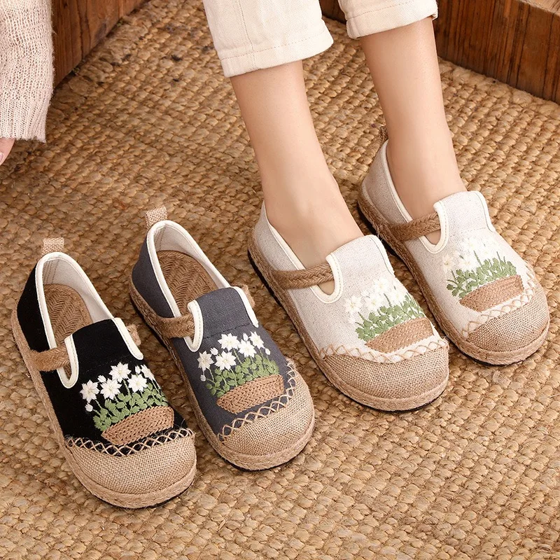 

Veowalk Flowers Embroidered Women Handmade Linen Canvas Slip-On Loafers Comfortable Low Top Sneakers Vegan Ladies Bohemian Shoes