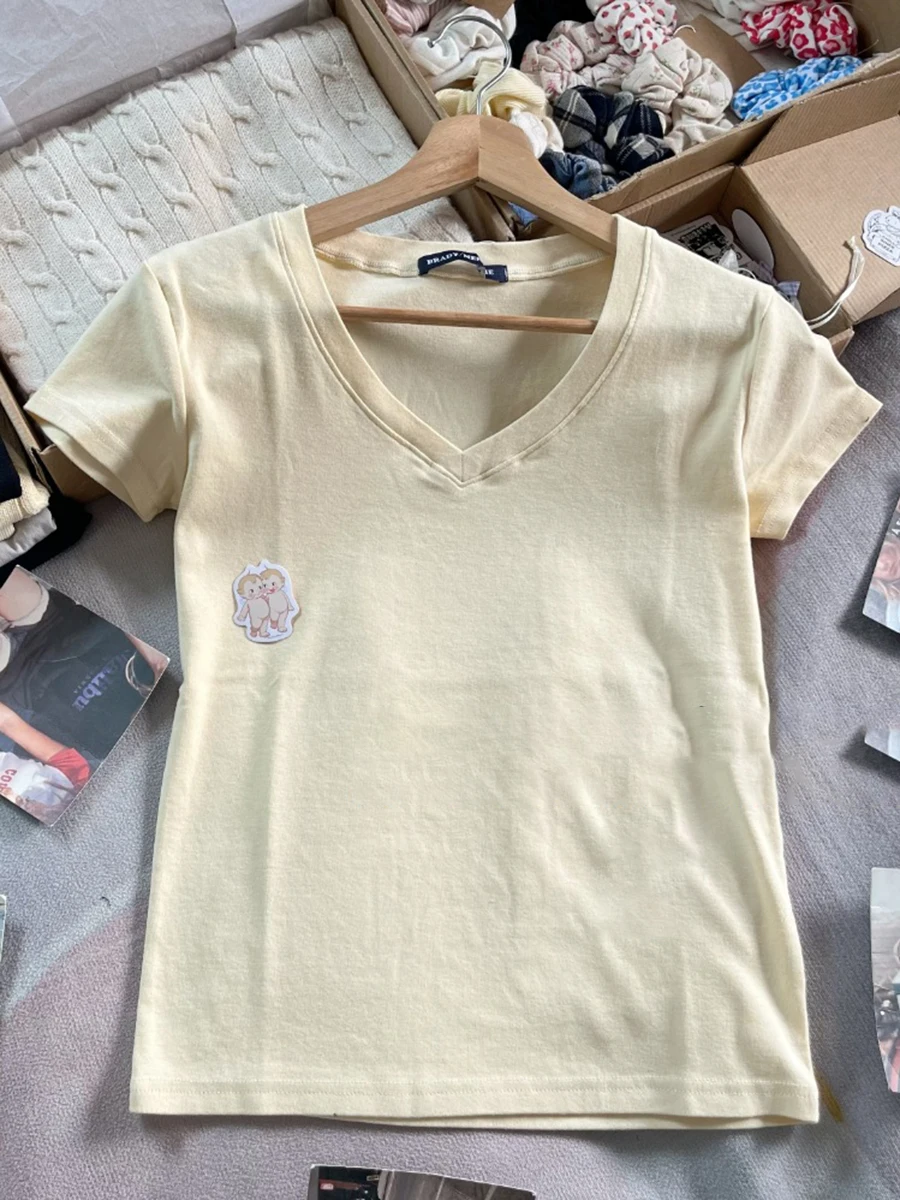 الحلو زر الأصفر سليم تي شيرت الصيف الخامس الرقبة القطن الأساسية قصيرة الأكمام تيز المرأة خمر نمط Preppy بلايز بسيطة بلايز جديد #3