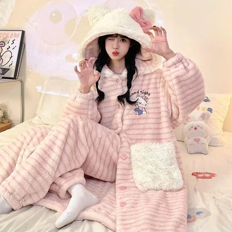 

Халат женский Hello Kitty Sanrio из кораллового флиса, утепленный, на флисовой подкладке, для студентов, осенне-зимний, домашний, теплый, для улицы