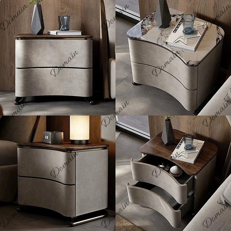 Italian Walnut Nightstand with Natural Marble Top Modern Minimalist Luxury Bedside Cabinet for Bedroom
