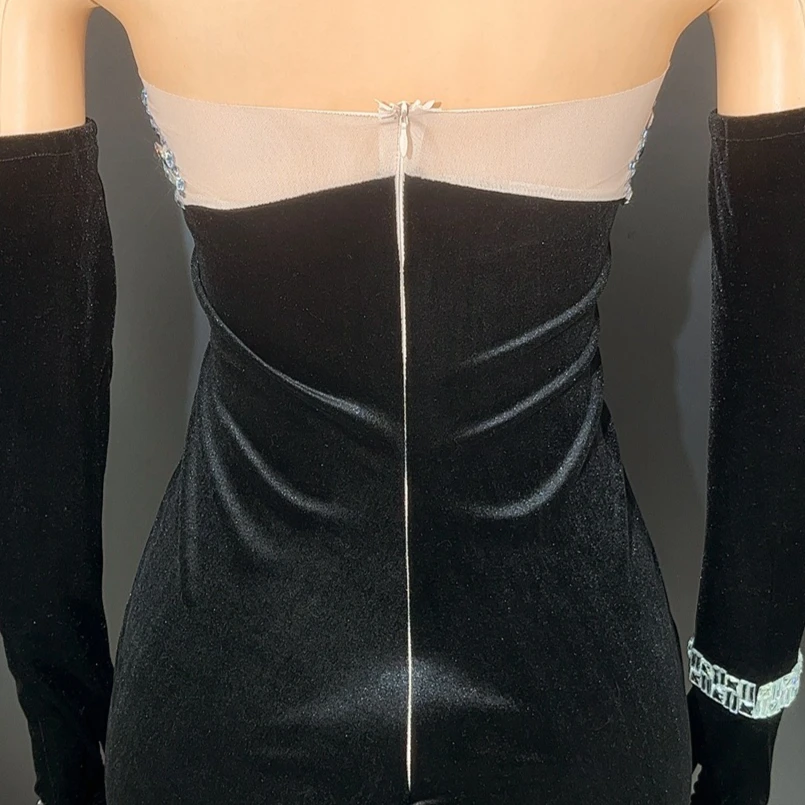 เซ็กซี่กํามะหยี่แน่นBacklessถุงมือRhinestone SparkleชุดกระโปรงRobe Femme Chic Et Élégante Vestidos De Festa Glamorousชุด