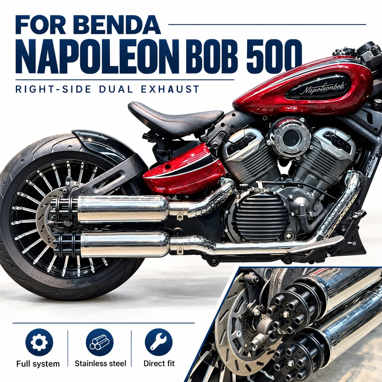 Right-side dual-pipe, Gatling-style full exhaust system for Benda Napoleon BOB 500  CHINCHILLA 500