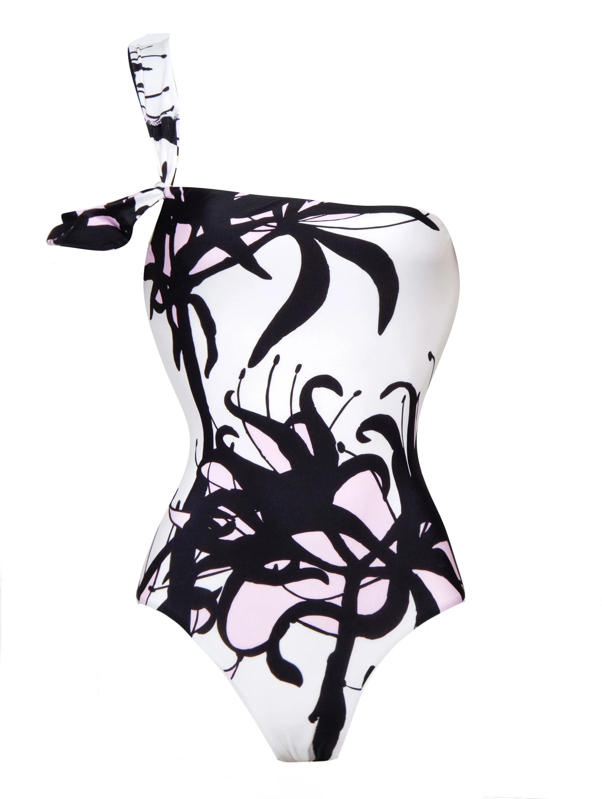 One Shoulder Black and White Blossom Print One Piece Swimsuit Wholesale