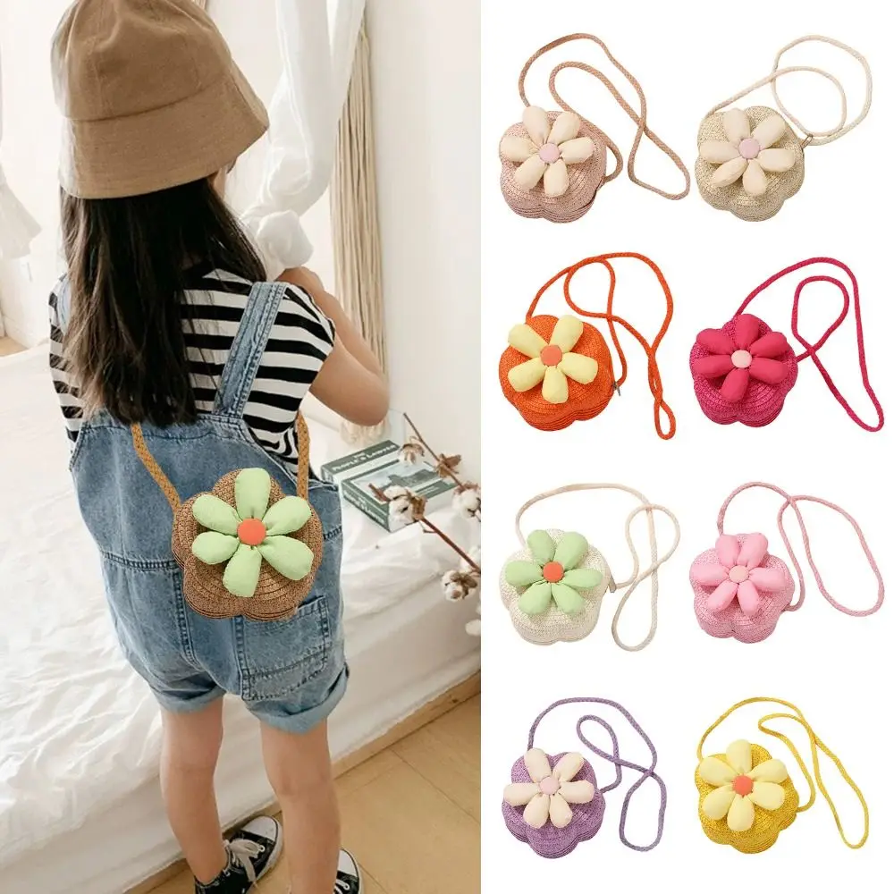 Cute Handmade Kids Straw Bag Flower Shape Woven Crossbody Bag Summer Beach Bag for Children Girls