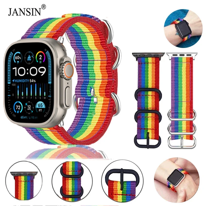 Rainbow Strap For Apple Watch Ultra 2 49mm Series 9 8 7 41mm 45mm Sport Fabric Bracelet For iWatch SE 7 6 5 40mm 44mm 38mm 42mm