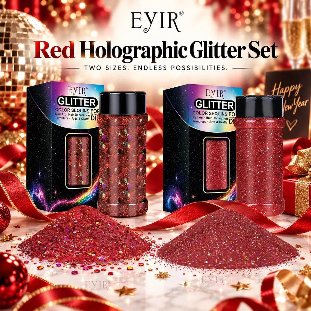 EYIR Red Holographic Glitter Powder 130g Set 50g Chunky 80g Fine Glitter for Epoxy Resin Tumblers Nail Art DIY Crafts Party