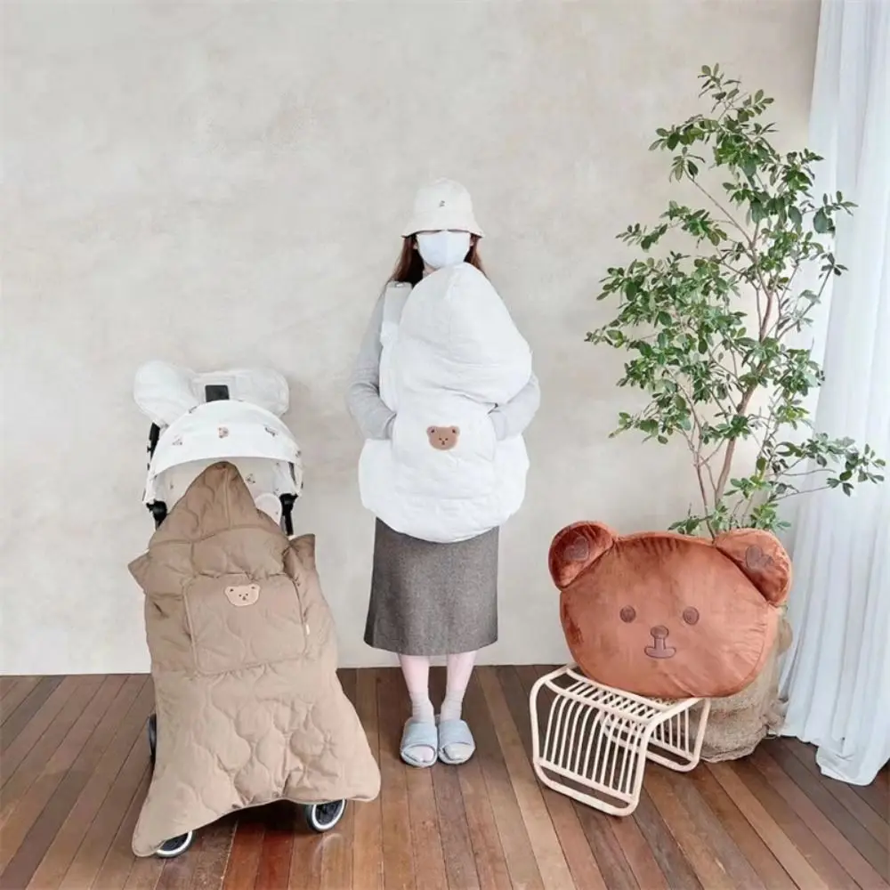 Cartoon Bear Baby Stroller Blanket Thicken Windproof Infant Hooded Cloak Adjustable Waist Waterproof Portable Sleeping Quilt