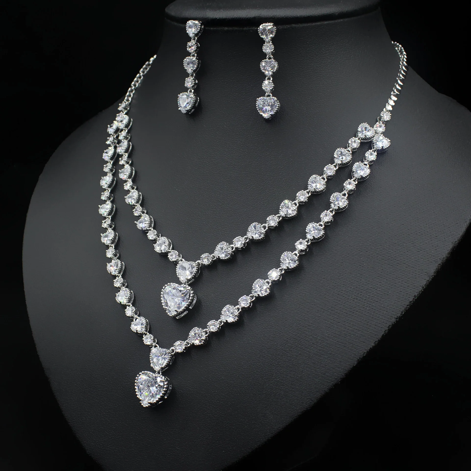 Luxury brand genuine real jewels Noble wedding dress, heart-shaped pendant necklace, two sets, double-layer Zircon Earrings, fas