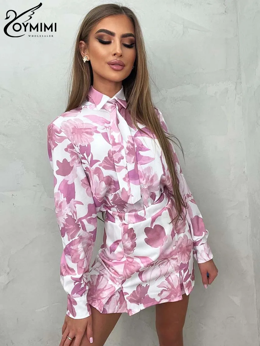 Oymimi Fashion Pink Print Womens 2 Piece Outfit Set Elegant Long Sleeve Button Shirts And High Waist Straight Mini Skirts Sets