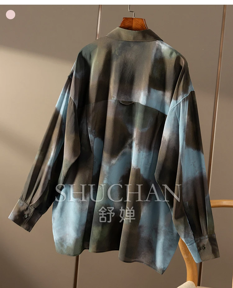 Tie Dye Long-sleeved 100% Natural Silk Shirt Women Oversized Loose Women Tops  Blusas De Mujer Bonitas Y Baratas