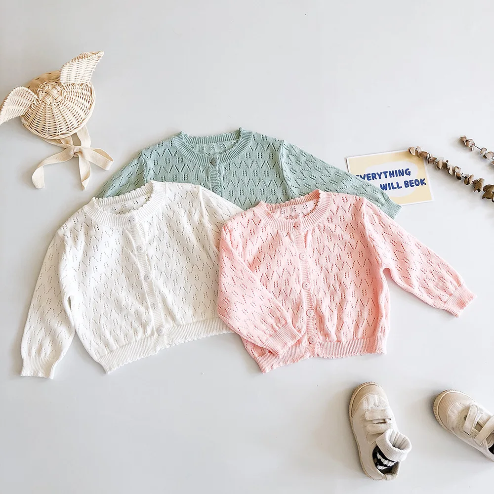 

Knitted Coat Summer New 2025 Cute Sweet Thin Princess Solid Color Casual Long Sleeved Cardigan Knitted Hollow Out Coat