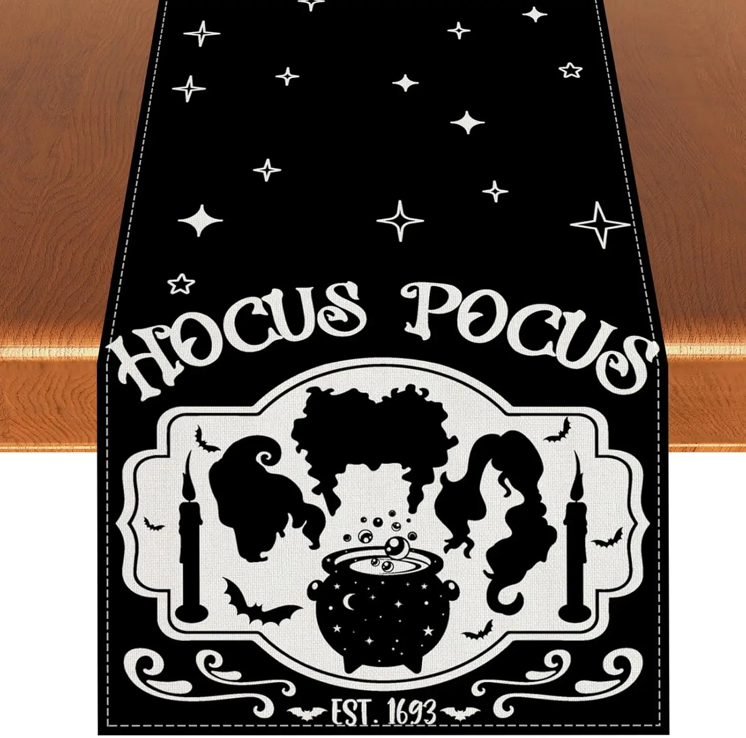 Halloween Hocus Pocus Black Linen Table Runner Sanderson Sisters Amuck Decor Kitchen Dining Table Deocor Halloween Decorations