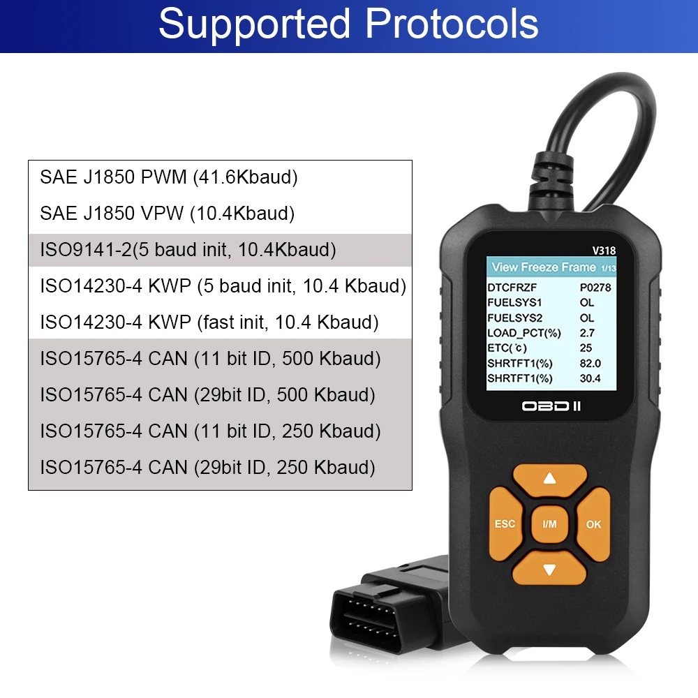 Read Vehicle Information OBD2 Scanner Code Reader V318 Check Engine System Battery Tester Car Diagnostic Tool Multi-language